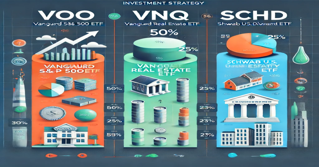 Os 3 melhores ETFs na bolsa americana para iniciantes, Estrategia de aloganção de ativos , VOO, VNQ, SCHD