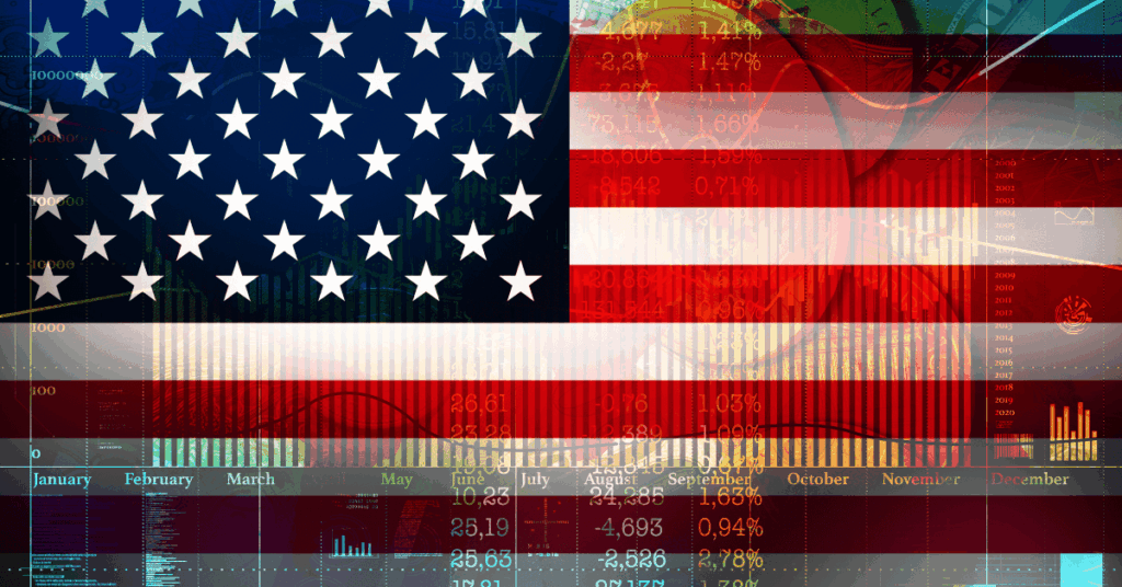 Gráfico financeiro com bandeira dos Estados Unidos sobreposta, representando ações da bolsa americana e investimentos em dólar