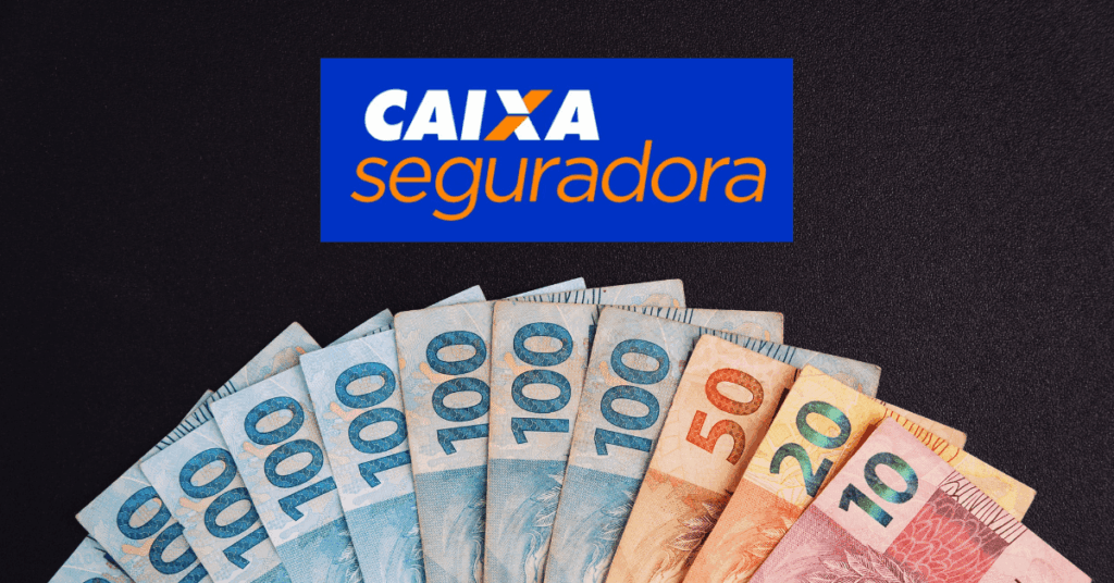 Cédulas de real em leque com o logo da Caixa Seguradora ao fundo, representando o pagamento de dividendos da ação CXSE3 em maio de 2025.