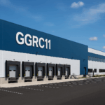 Fachada de um centro logístico moderno com a marca GGRC11, ilustrando o foco do fundo imobiliário GGRC11 em galpões industriais de alto padrão.