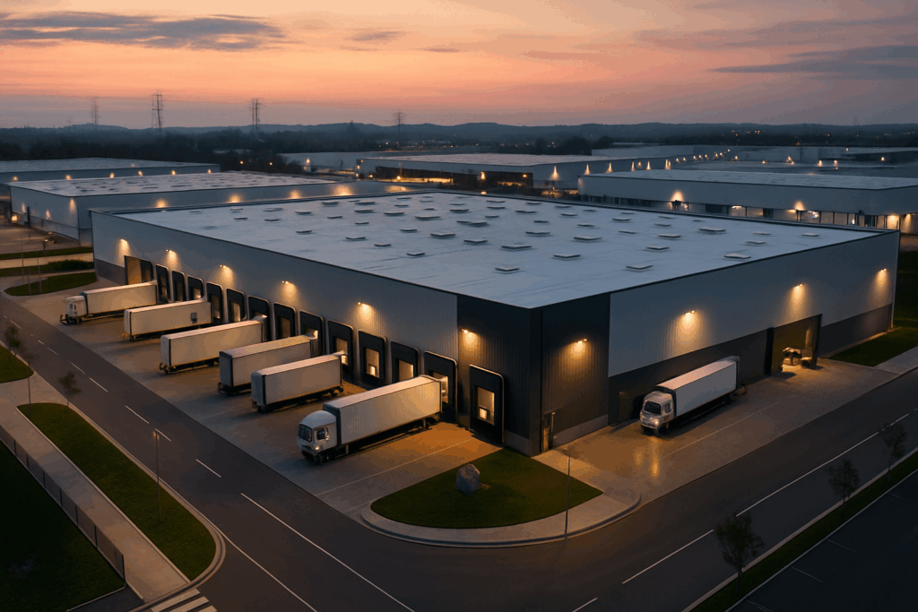 Galpões logísticos iluminados à noite, representando o portfólio de imóveis industriais do fundo imobiliário GGRC11 focado em contratos atípicos.