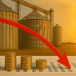 Imagem de silos agrícolas ao entardecer com pilhas de moedas em ordem decrescente e seta vermelha apontando para baixo, representando queda nos resultados financeiros.
