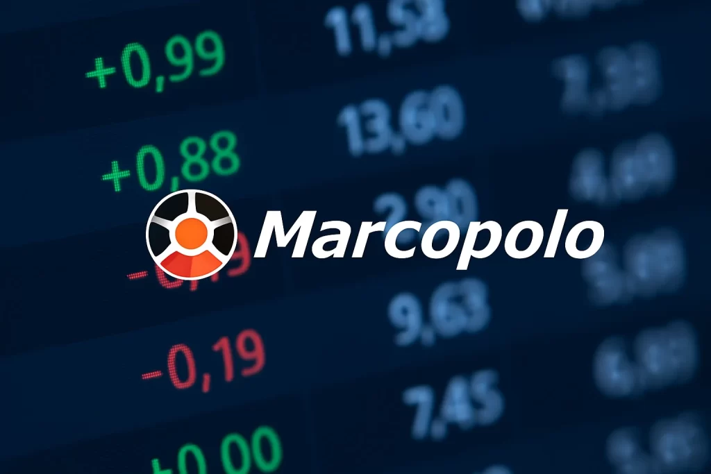 Dados da bolsa de valores ao lado do logotipo da Marcopolo, representando o desempenho das ações POMO3