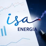 Logotipo da ISA Energia sobre gráficos financeiros, simbolizando os resultados do 1T25 com destaque para receita, lucro e queda de caixa