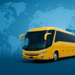 Ônibus da Marcopolo com destaque visual para crescimento das exportações no cenário internacional
