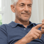 Homem maduro com cabelo grisalho usando celular para acompanhar investimentos em FIIs voltados para aposentadoria.