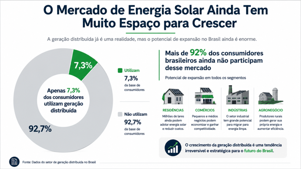 Infográfico mostra que apenas 7,3% dos consumidores brasileiros utilizam geração distribuída, destacando o potencial de crescimento da energia solar no Brasil e oportunidades para o SNEL11.