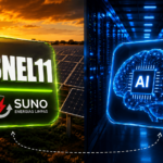 Ilustração mostrando uma fazenda solar ao lado de um datacenter de inteligência artificial, representando a relação entre energia renovável, infraestrutura digital e o FII SNEL11.
