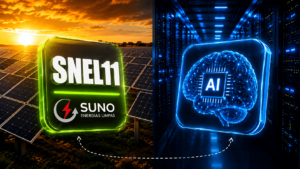 Ilustração mostrando uma fazenda solar ao lado de um datacenter de inteligência artificial, representando a relação entre energia renovável, infraestrutura digital e o FII SNEL11.