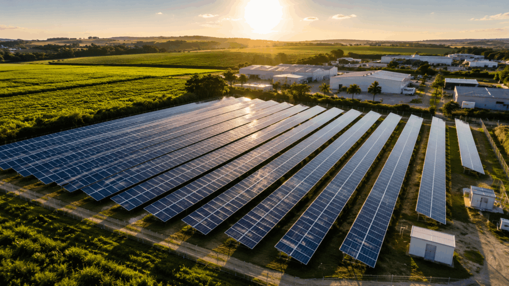 Usina solar de geração distribuída com painéis fotovoltaicos utilizada em projetos de energia renovável do SNEL11 (SUNO ENERGIAS LIMPAS FII).
