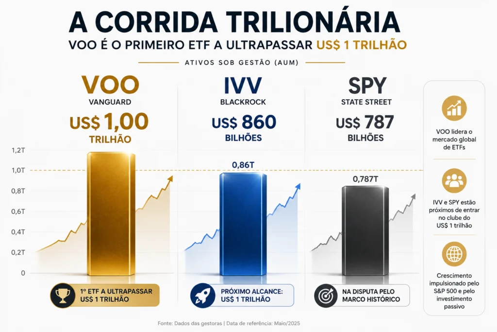 Comparação entre VOO, IVV e SPY mostra os maiores ETFs do mundo e o marco de US$ 1 trilhão alcançado pelo VOO